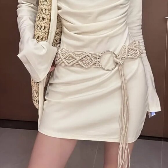 Beige Woven Tassel Wide Belt - Picture 1 of 3